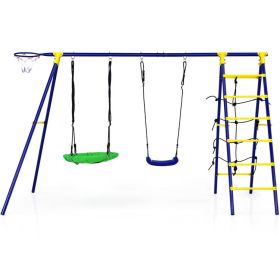 5-In-1 Outdoor Kids Swing Set with A-Shaped Metal Frame and Ground Stake