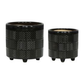 S/2 6/8" TEXTURED PLANTERS, SHINY BLACK