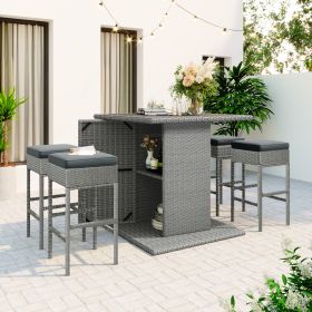 Patio 5-Piece Rattan Dining Table Set, PE Wicker Square Kitchen Table Set with Storage Shelf and 4 Padded Stools for Poolside, Garden, Gray Wicker+Dar