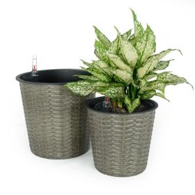 2-Pack Self-watering Wicker Decor Planter for Indoor and Outdoor - Round - Grey