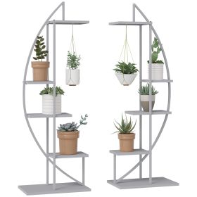 Outsunny 5 Tier Metal Plant Stand with Hangers, Half Moon Shape Flower Pot Display Shelf for Living Room Patio Garden Balcony Decor, Gray