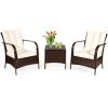 3 Pieces Patio Rattan Conversation Set with Glass Top Coffee Table and Cushions