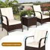 3 Pieces Patio Rattan Conversation Set with Glass Top Coffee Table and Cushions