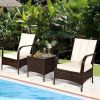 3 Pieces Patio Rattan Conversation Set with Glass Top Coffee Table and Cushions